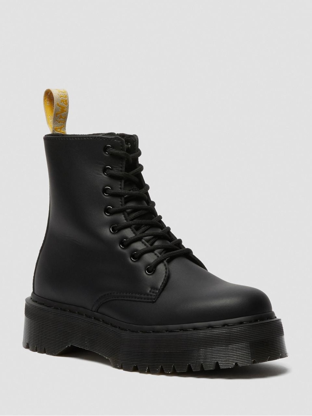 Dr. Martens Black Lace-Up Platform Ankle Boot with Yellow Heel Loop